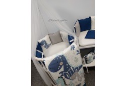 Комплект в кроватку Дино (сатин-нюд) синий-серый